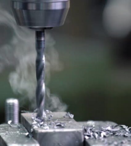 Closeup of steel drill making a hole in a roughly processed piece of metal that requires further processing. There is scrap metal and smoke due to intensive heat. 4k video, static.